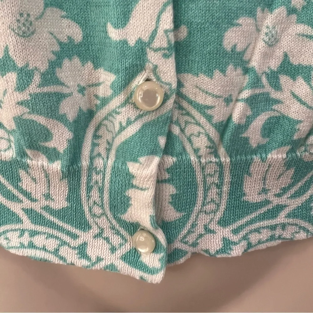 𝅺ann Taylor LOFT teal & white detailed button up sweater, S, floral pineapples. - Picture 10 of 13